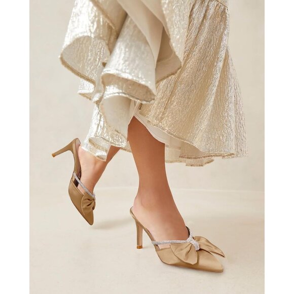 Brown Satin Bow Heels Pointed Closed Toe Sandals Rhinestone Wedding Shoes - Picture 2 of 6